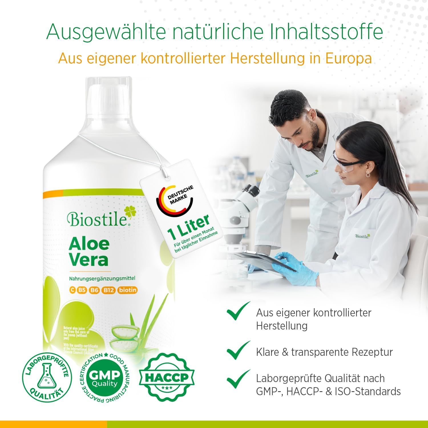 Biostile Aloe Vera Saftflasche mit 1 Liter und Qualitätszertifikaten.