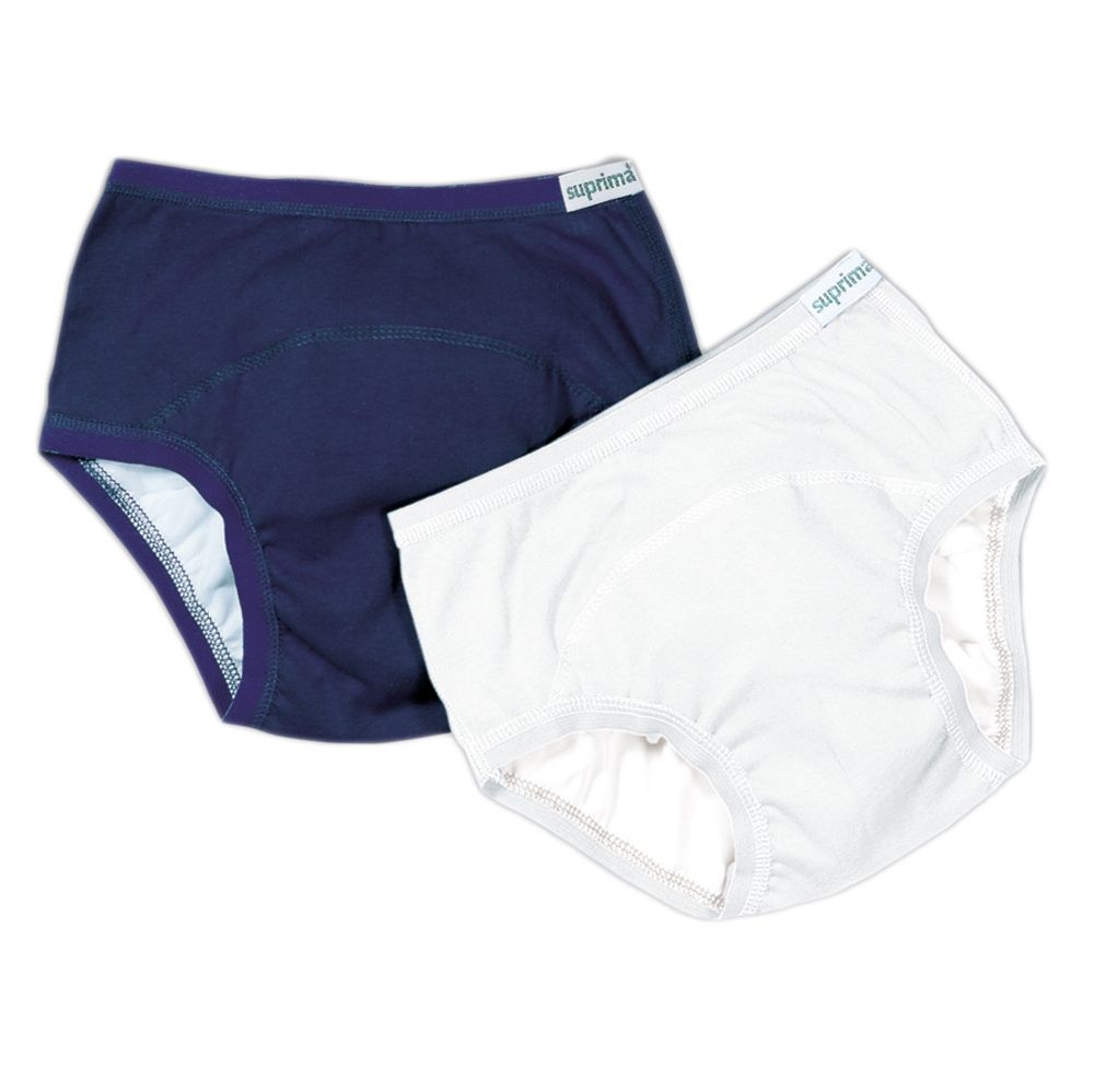 Zwei Kinder-Slips, einer blau, einer weiß. Beide mit Logo-Etikett. Innen weißes Material sichtbar.