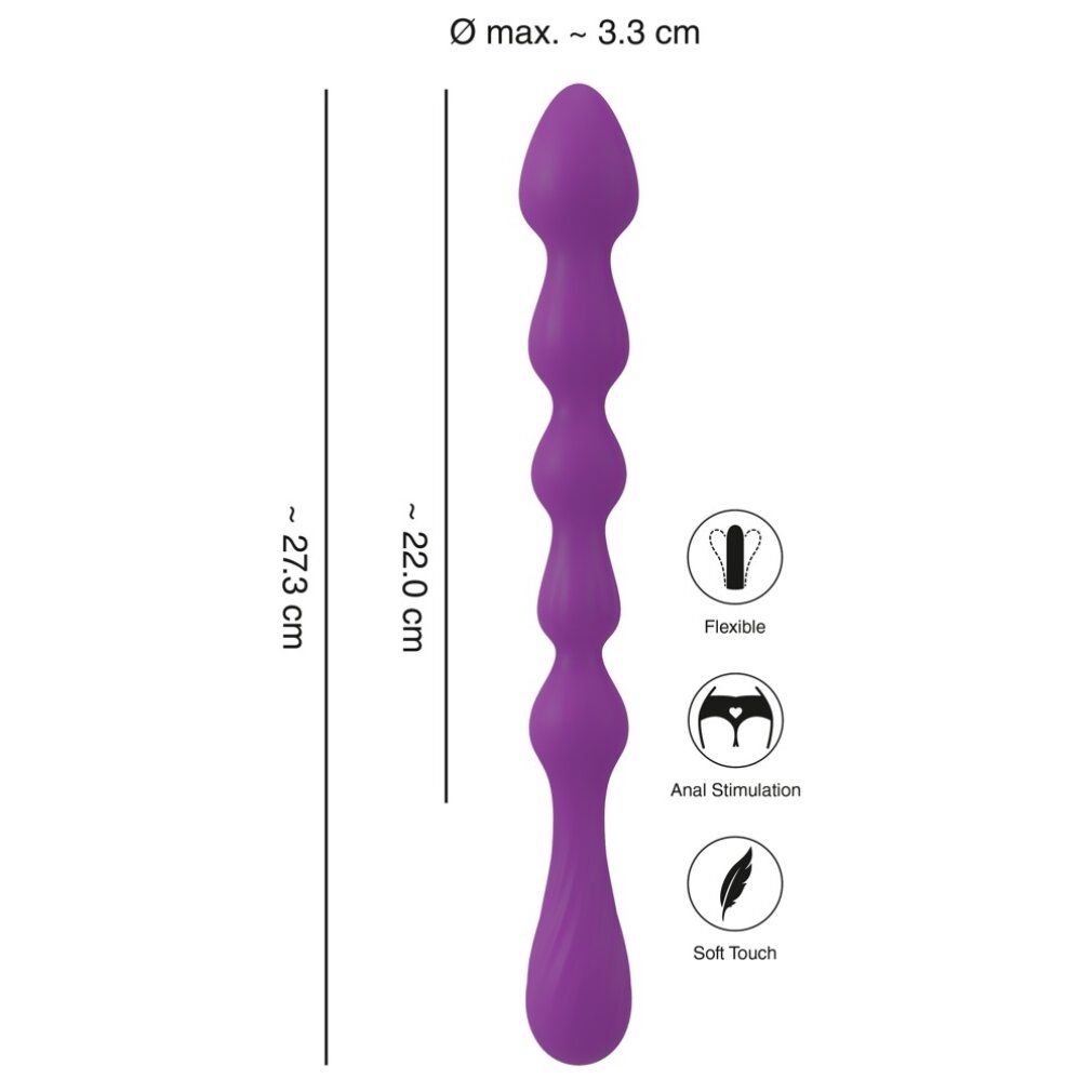 Lila Anal-Wand mit 5 Kugeln. Maße: 27,3 cm lang, Ø max. 3,3 cm. Piktogramme: flexibel, Analstimulation, weich.