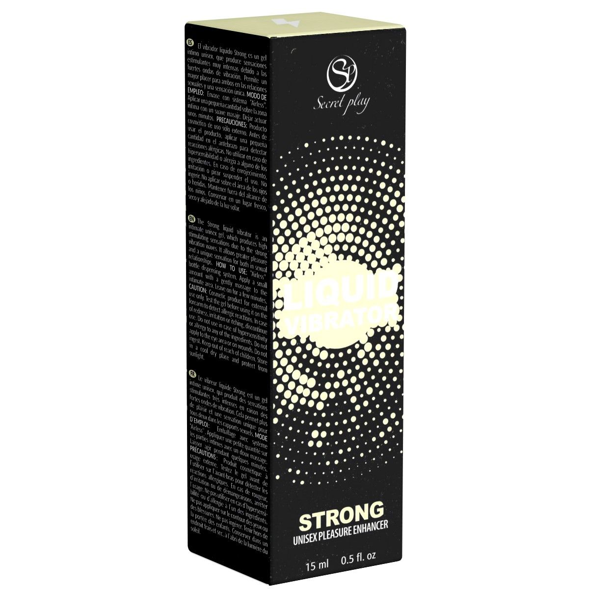 Schwarze Verpackung mit gelber Aufschrift "LIQUID VIBRATOR STRONG".