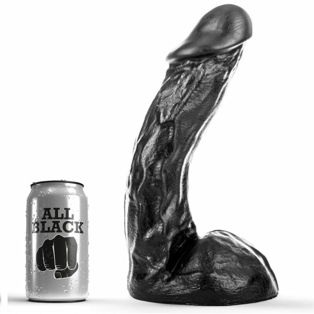 Schwarzer, gebogener Dildo. Neben einer Dose mit "ALL BLACK" Aufdruck und Faust-Logo. Oberfläche mit Adern.