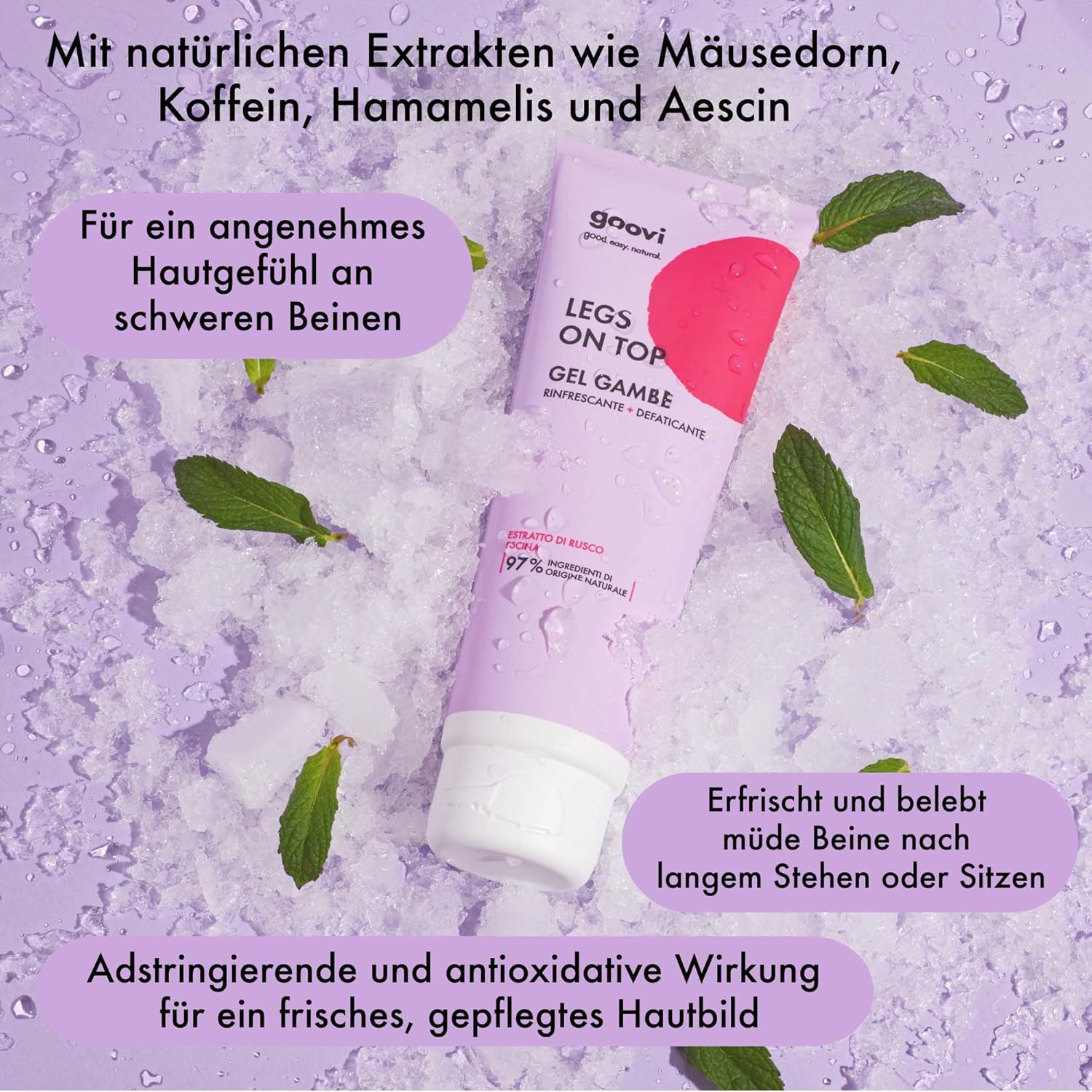 Zwei Tuben auf eisiger Oberfläche. Text: Legs On Top, Gel Gambe. Zusätzlicher Text: Erfrischt und belebt müde Beine. Logo sichtbar.