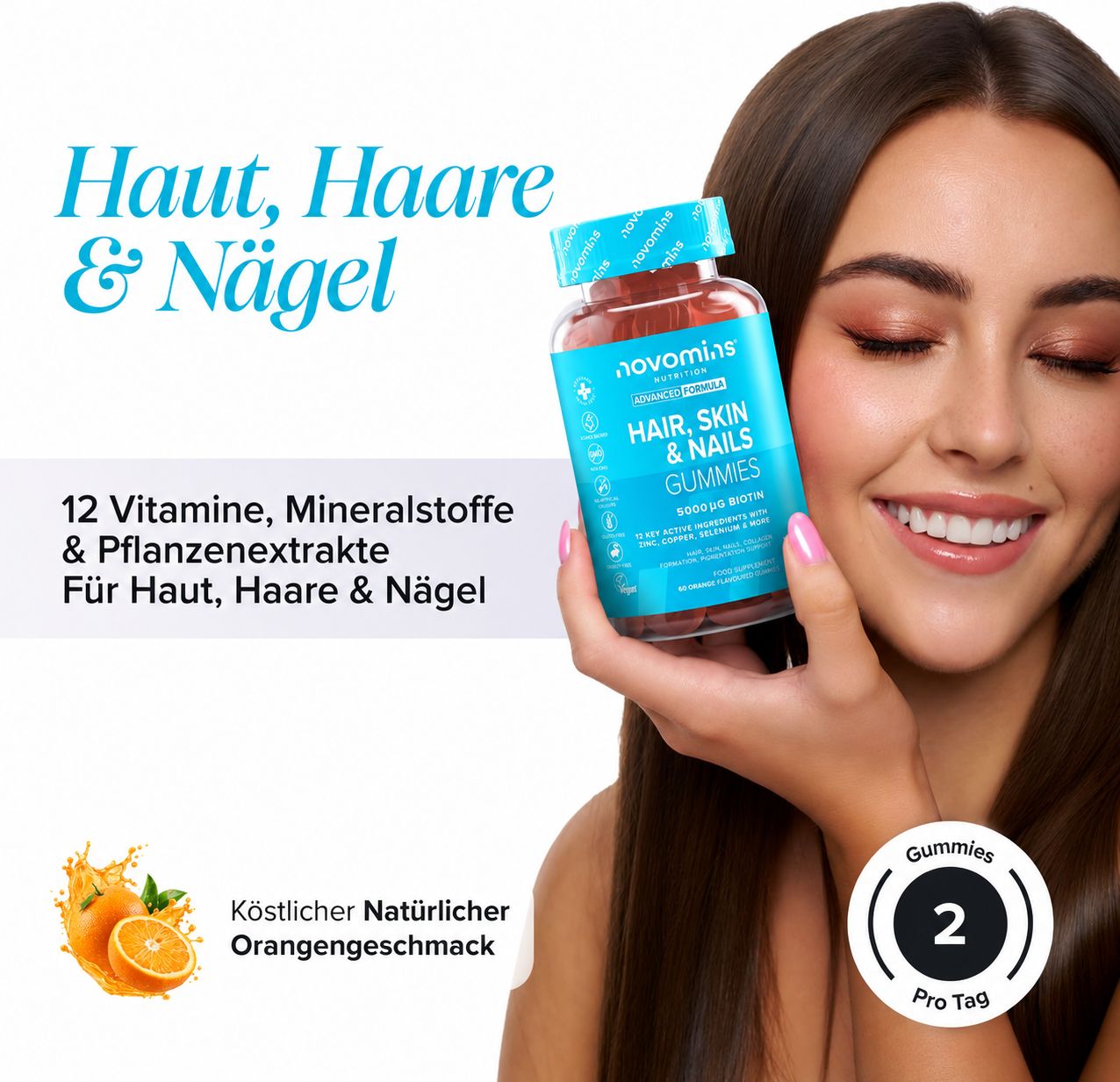Frau hält eine Flasche Novomins Kollagen Gummies für Haut, Haare & Nägel.