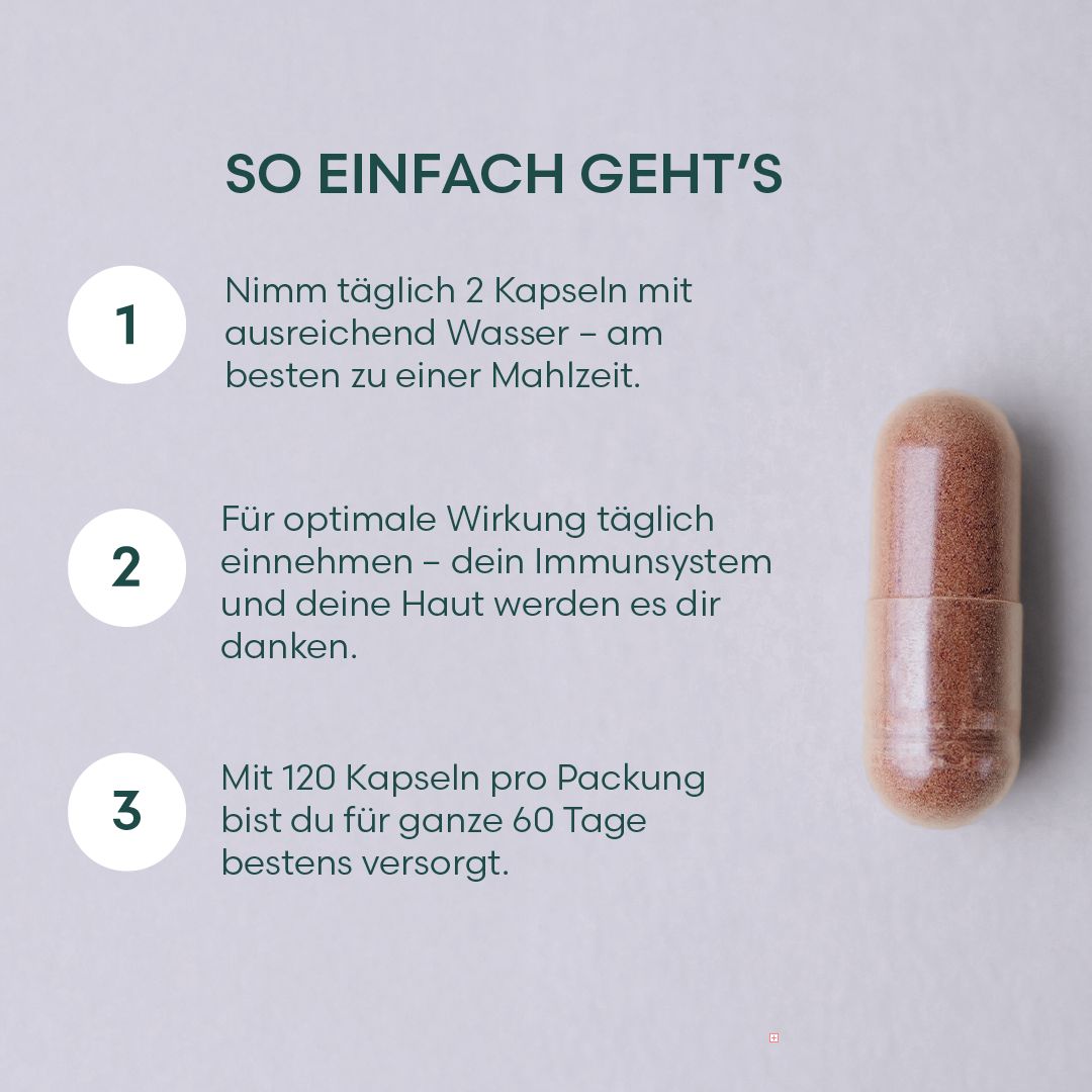 Eine Kapsel auf hellem Hintergrund. Text: Nimm täglich 2 Kapseln mit Wasser. Für optimale Wirkung täglich einnehmen. Mit 120 Kapseln pro Packung.