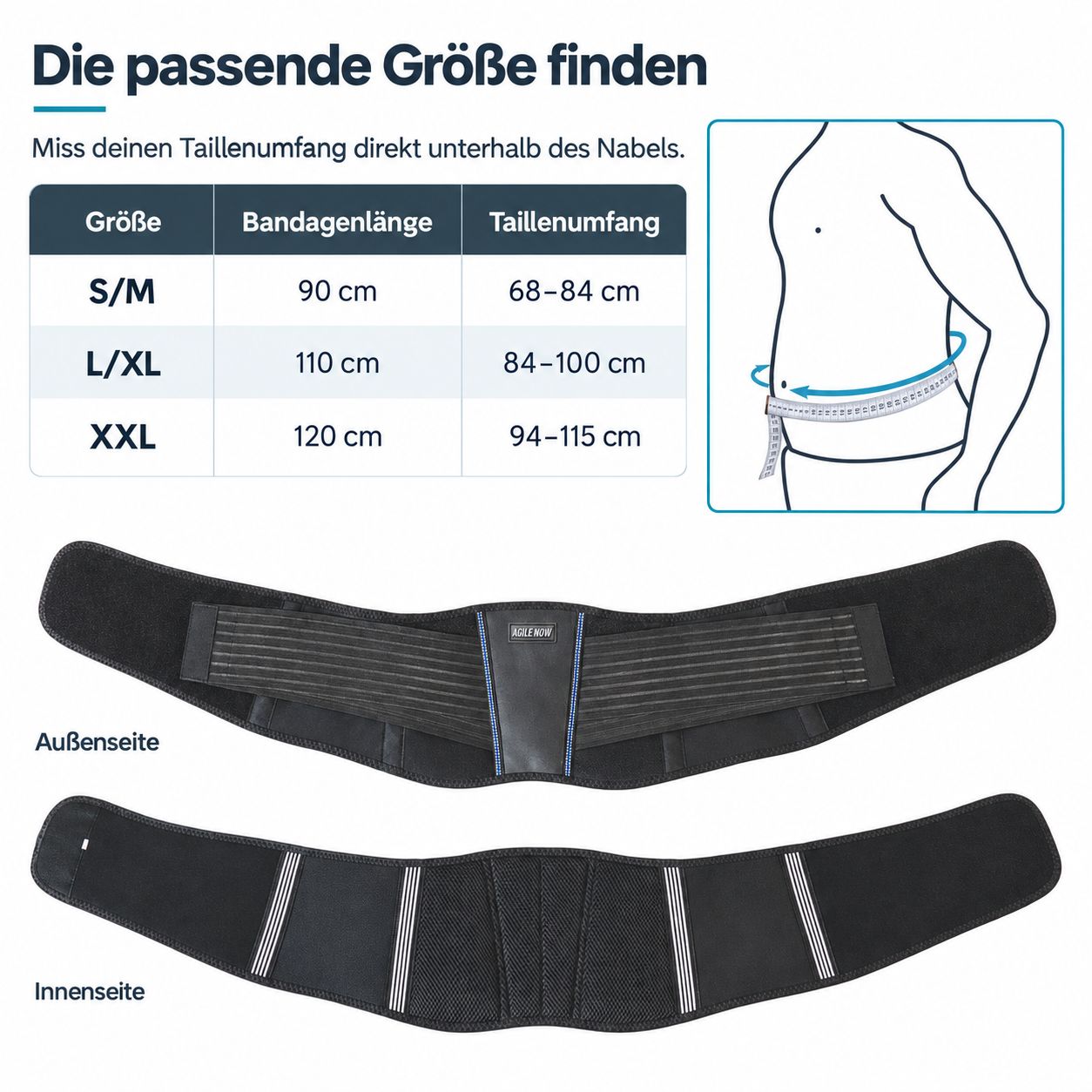 AGILE NOW Rückenstützgürtel: Größentabelle (S/M, L/XL, XXL) mit Bandagenlänge und Taillenumfang. Illustration zur Messung.