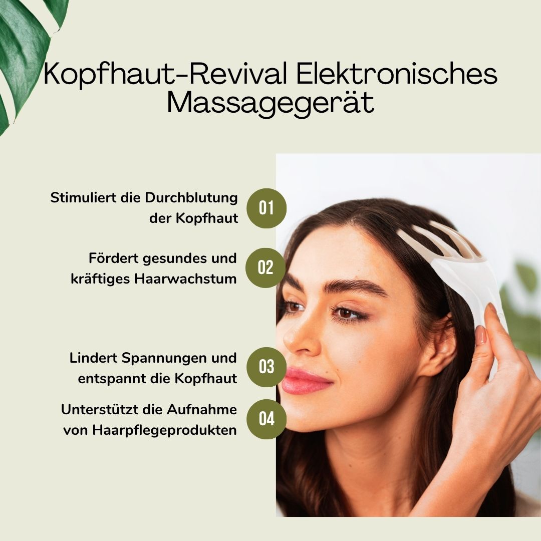 Frau mit Massagegerät am Kopf. Text: Kopfhaut-Revival Elektronisches Massagegerät. Funktionen: Durchblutung, Haarwuchs, Entspannung, Aufnahme von Pflegeprodukten.