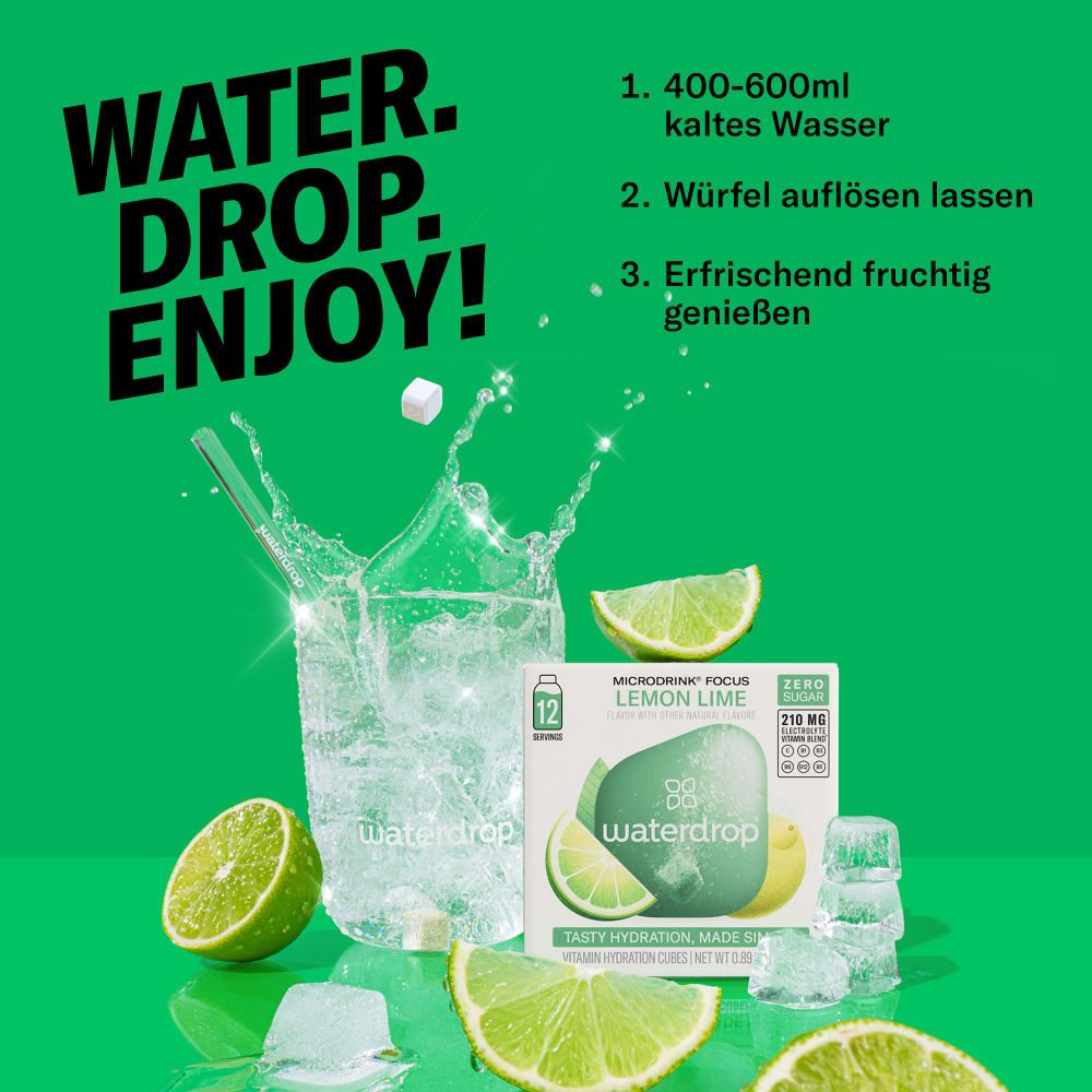 Zubereitung von waterdrop® Microdrink Lemon Lime: Wasser, Würfel auflösen, genießen.