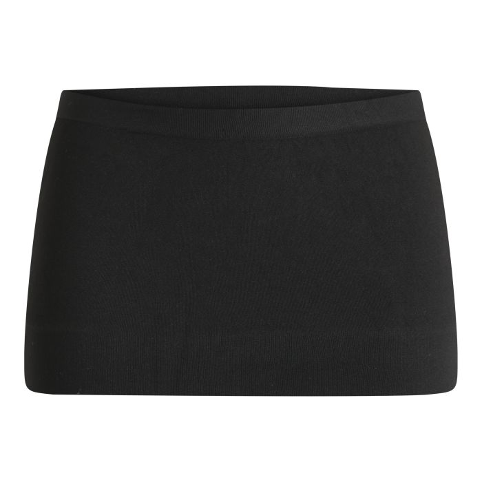 Schwarzer, bandförmiger Bauchgurt. Nahtloses Material. Elastischer Bund.