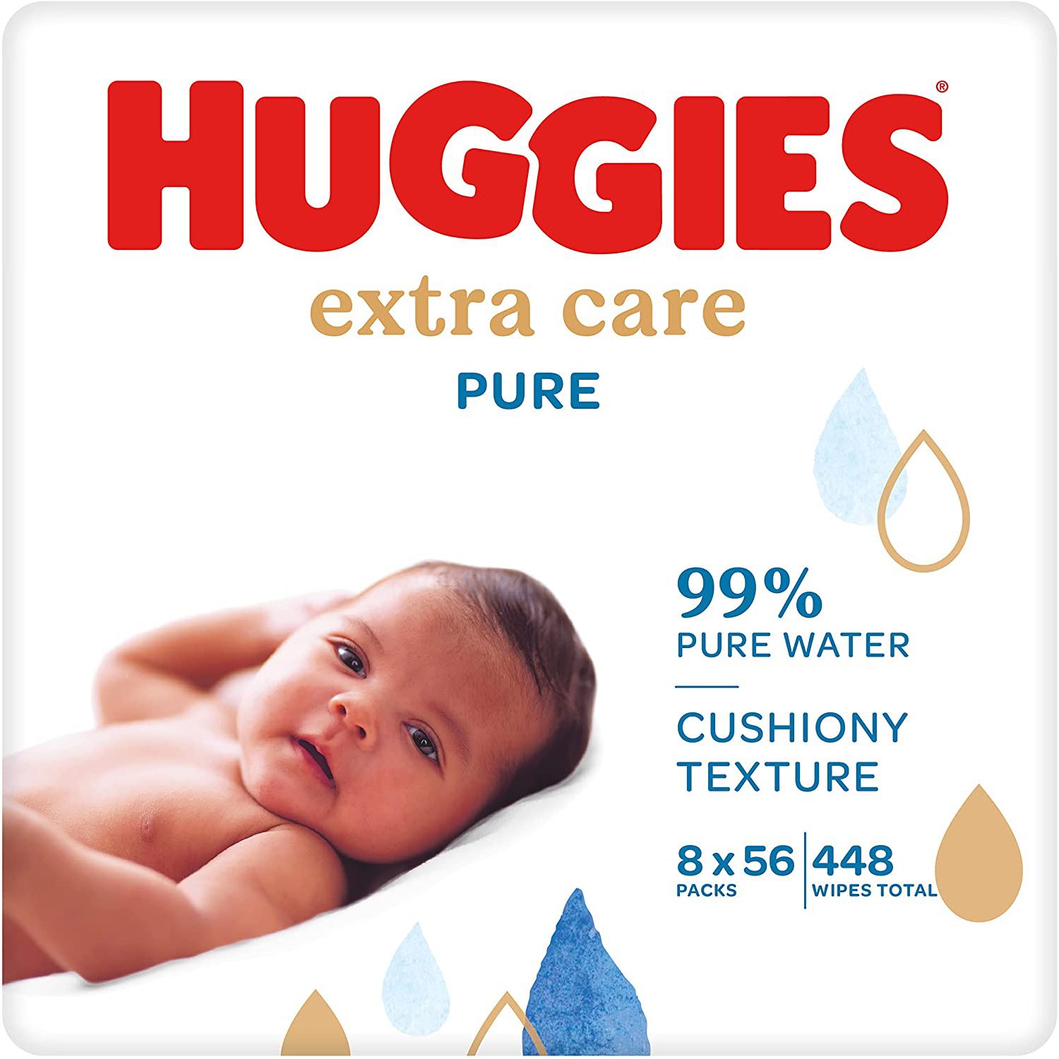 Huggies Pure Extra Care Feuchttücher. Quadratische Verpackung mit Baby und Tropfen-Illustrationen. Text: 99% reines Wasser, Cushiony Texture.
