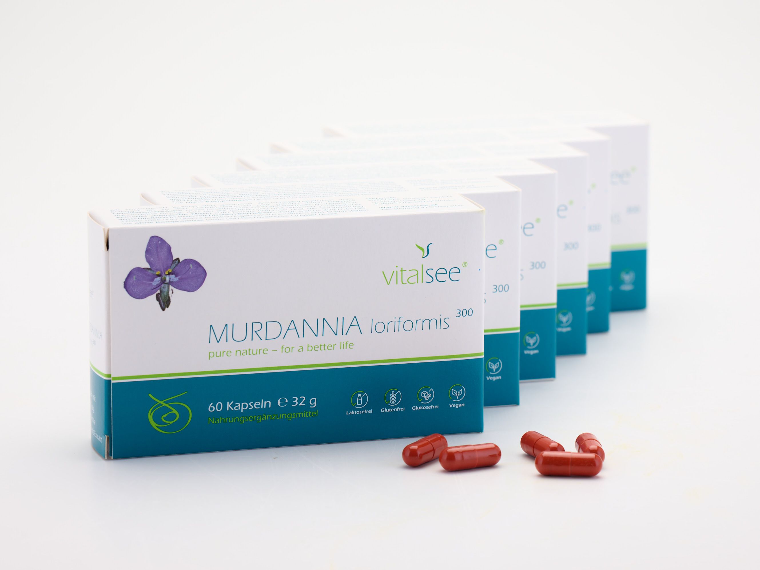 Mehrere Schachteln Vitalsee MURDANNIA loriformis 300 Extrakt und Kapseln. Weiße Verpackung mit lila Blume.