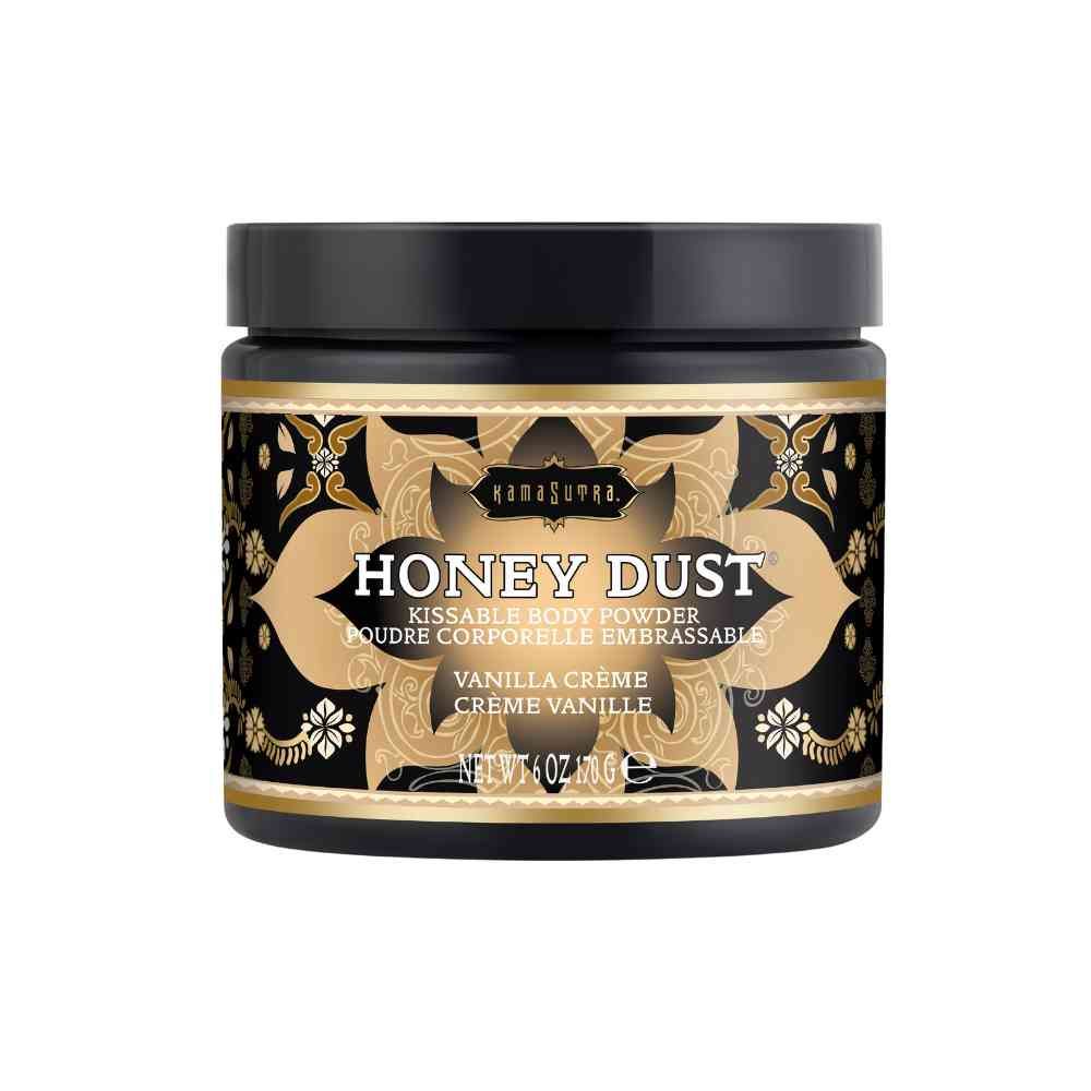 Schwarzes Gefäß mit goldfarbenem Etikett. Aufschrift: Honey Dust, Vanilla Creme. Marke: Kama Sutra. Inhalt: 170 g.