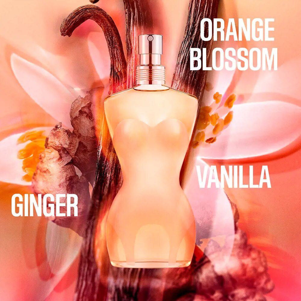 Parfümflakon in Frauenkörperform. Beige-transparente Farbe. Silberner Zerstäuber. Text: Orange Blossom, Vanilla, Ginger.