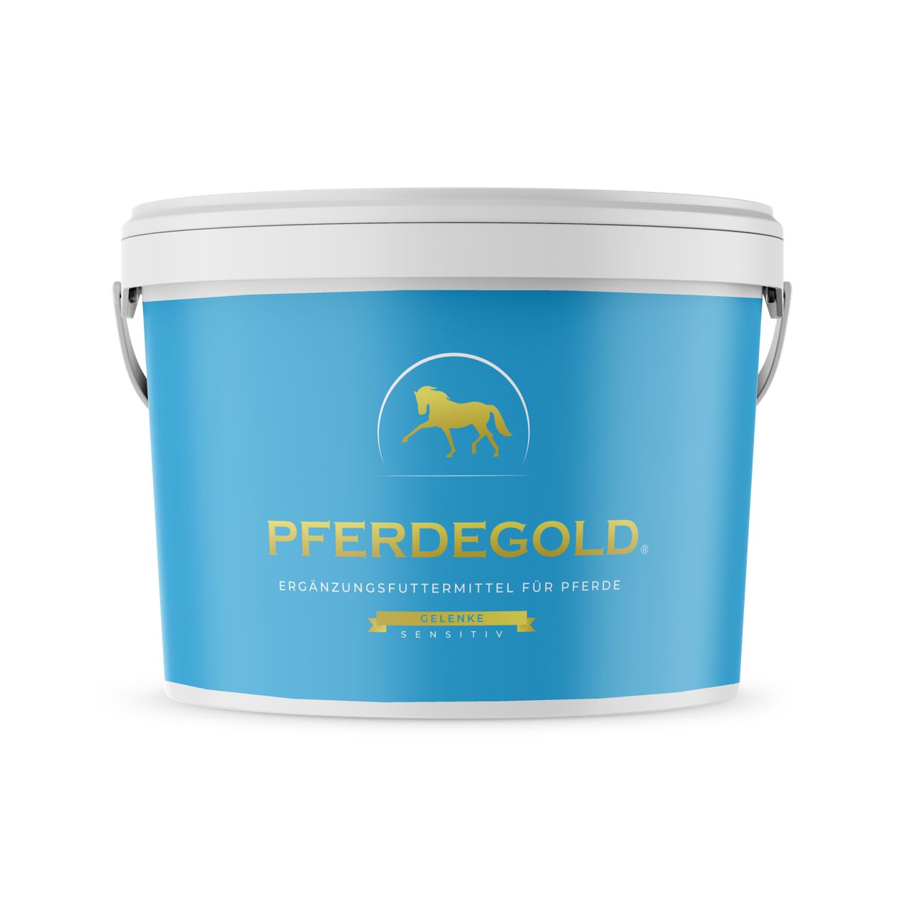 Blauer Eimer mit weißem Deckel. Pferdegold-Logo und Schriftzug "Gelenke Sensitiv".