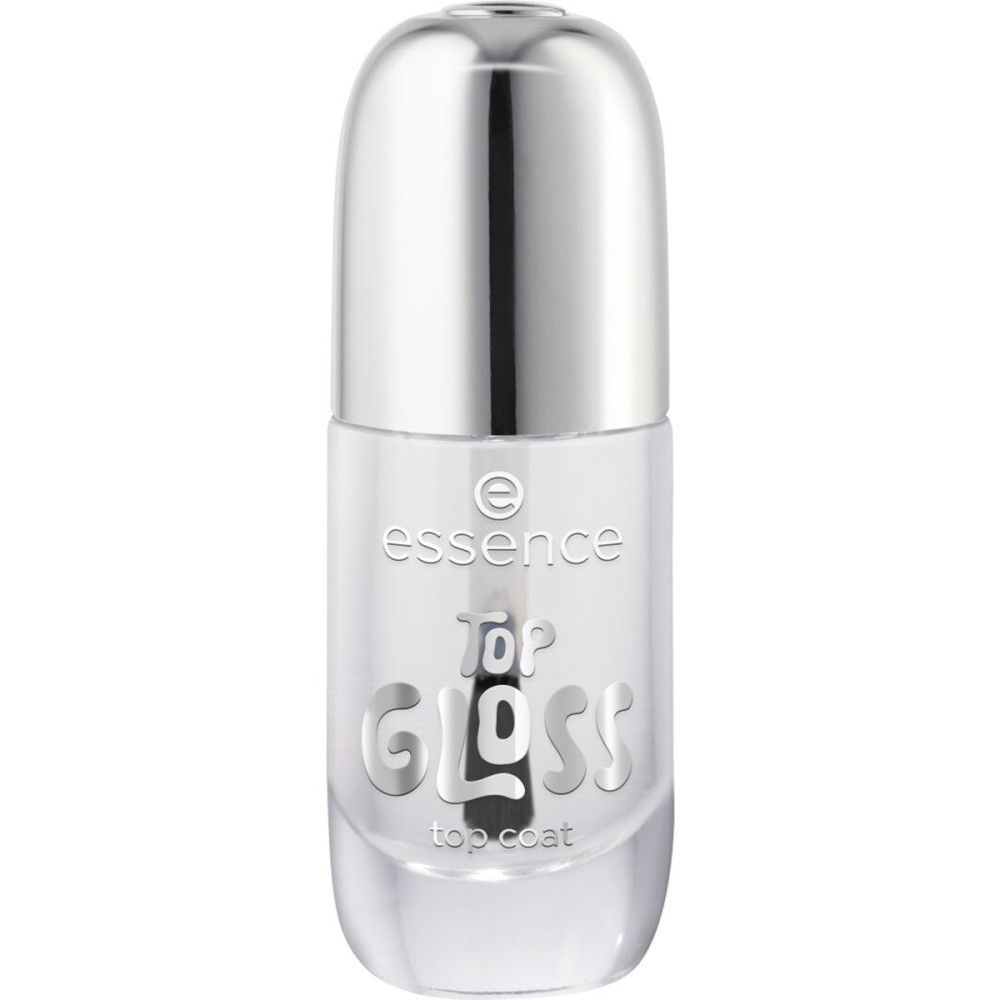 Klare Flasche mit silbernem Deckel. Aufschrift: Essence Top Gloss Top Coat.