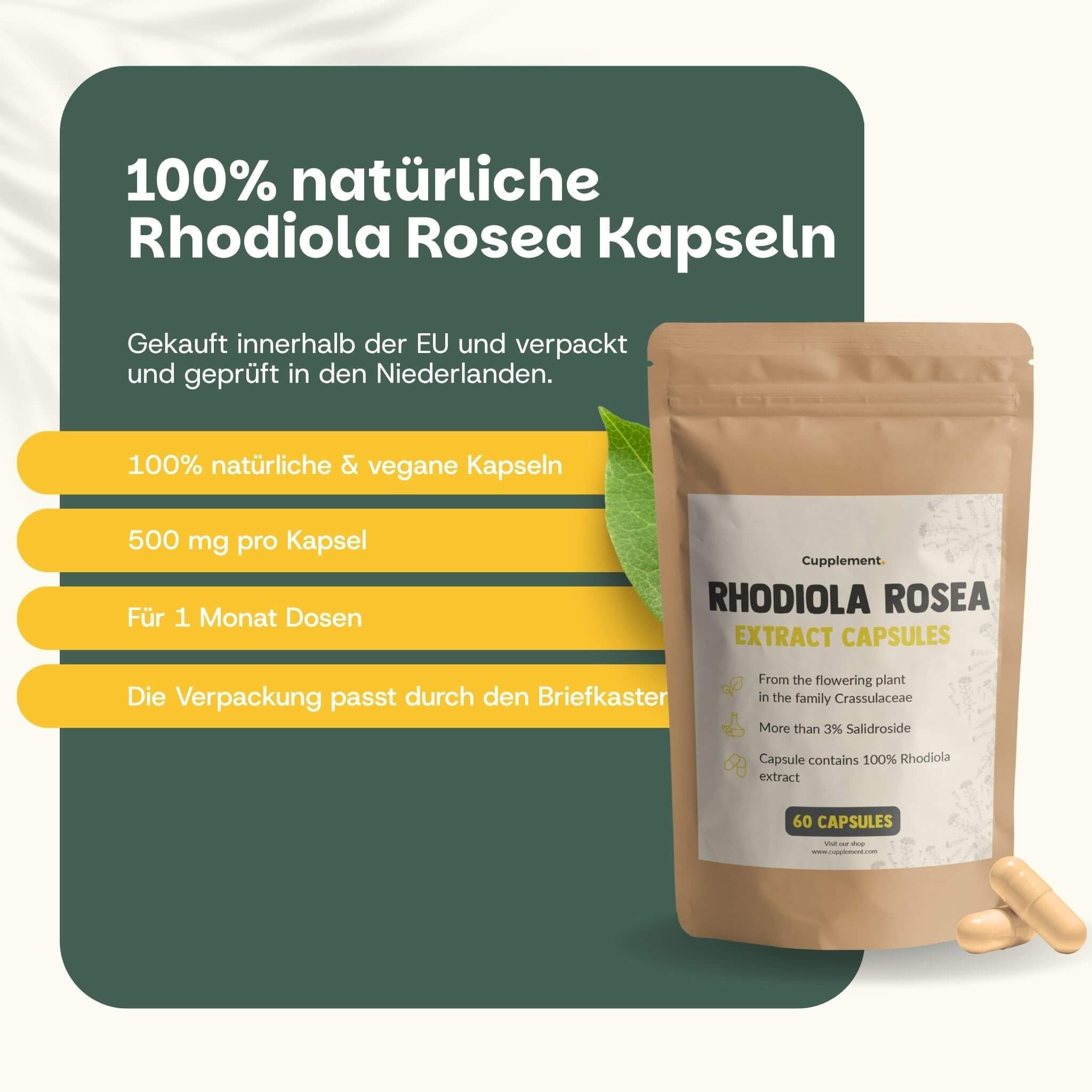 Beutel mit Kapseln. Text: 100% natürliche Rhodiola Rosea Kapseln. 500 mg pro Kapsel. Für 1 Monat Dosen. 60 Kapseln.