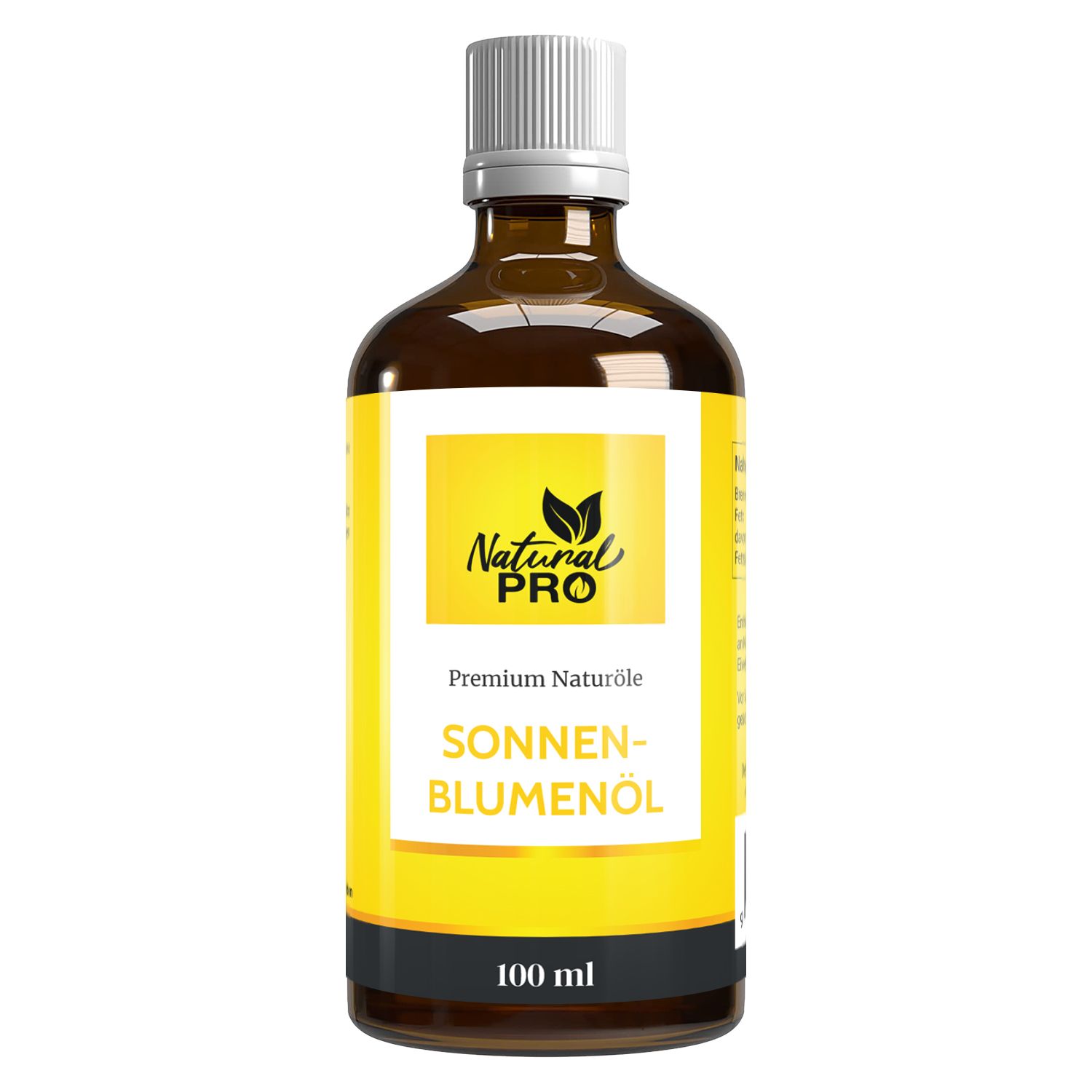 Braune Glasflasche mit gelbem Etikett. Text: Sonnenblumenöl, 100 ml. Marke Natural Pro.
