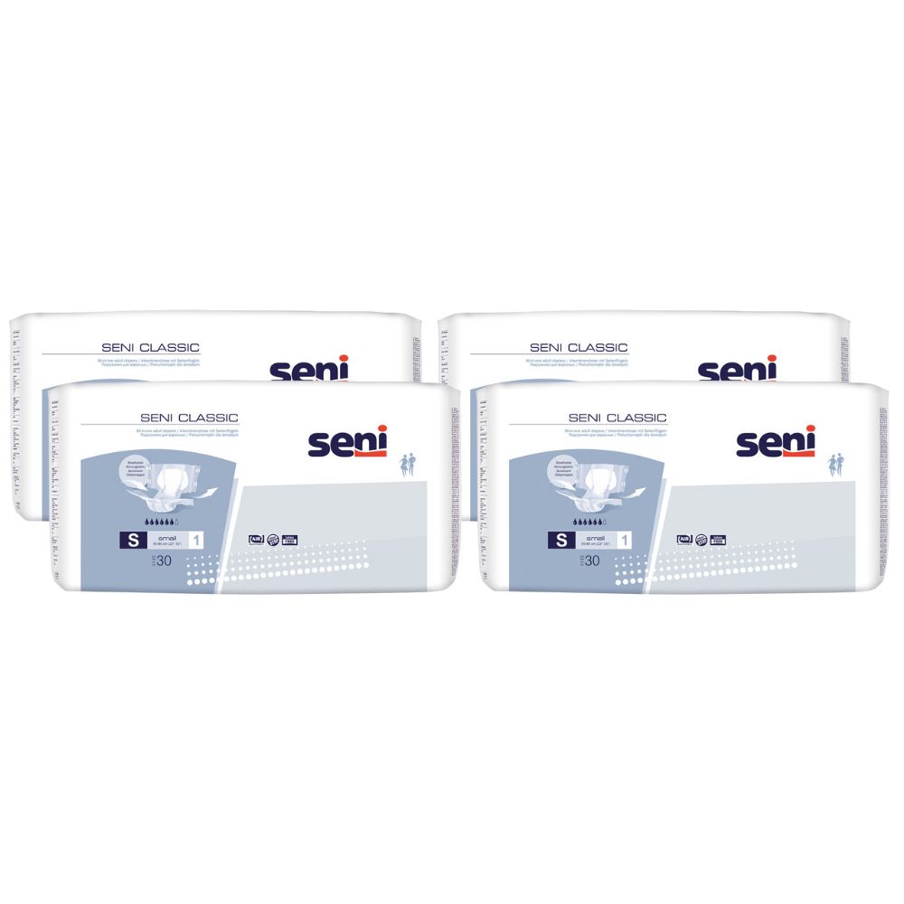 Mehrere Packungen Seni Classic S. Weiße Verpackung mit blauer Schrift und Produktabbildung. Seni-Logo sichtbar.