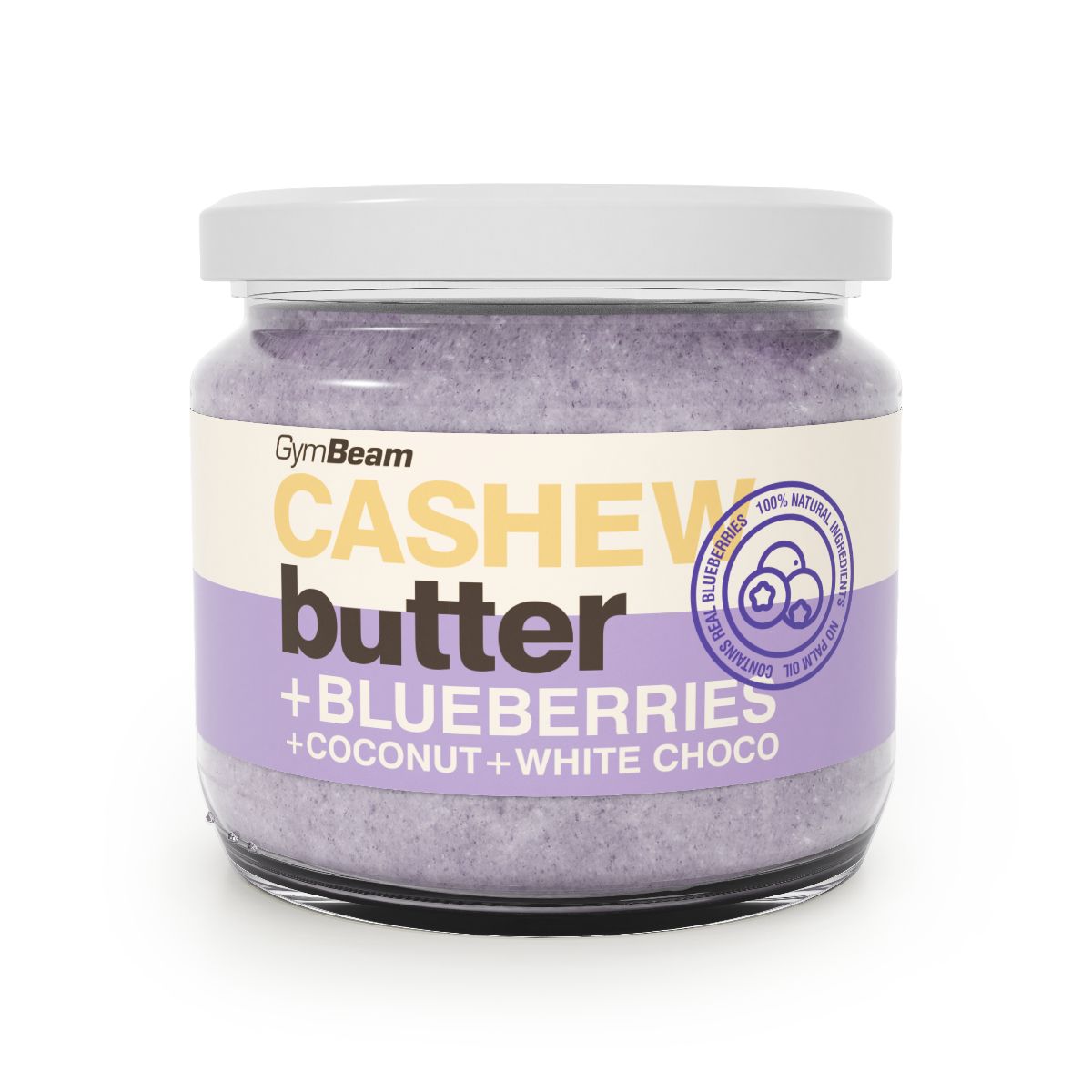 GymBeam Cashewbutter mit Kokosnuss, weißer Schokolade und Blaubeeren in einem Glas.