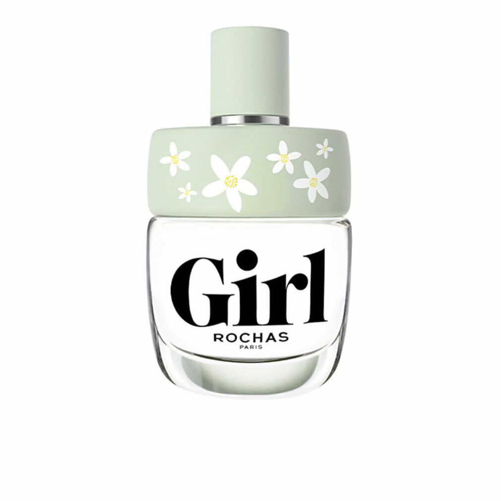 Parfümflakon mit weißem "Girl"-Schriftzug und floralem Design. Hellgrüner Verschluss. "ROCHAS PARIS" darunter.