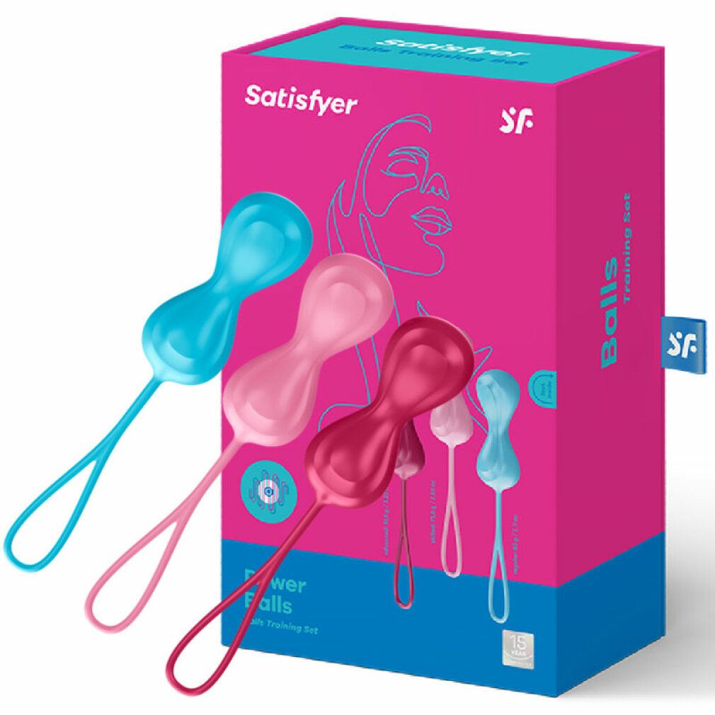 Rosa Verpackung mit drei farbigen Trainingskugeln. Marke: Satisfyer. Text: Flower Falls, Trainingsset.