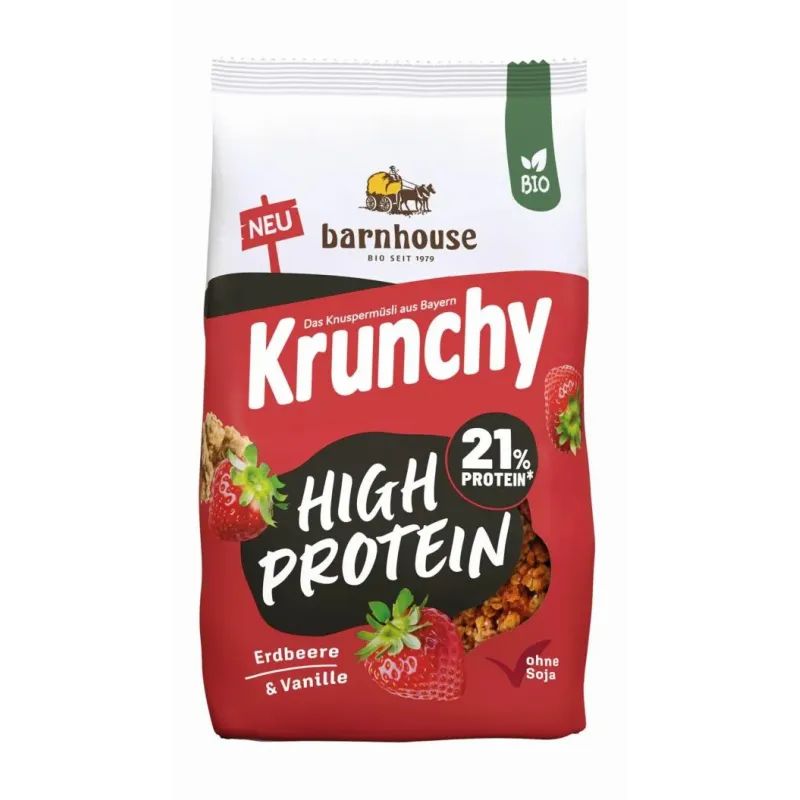 Verpackung von Barnhouse Krunchy High Protein. Roter Beutel mit Erdbeeren und Text: 21% Protein, Erdbeere & Vanille, ohne Soja.