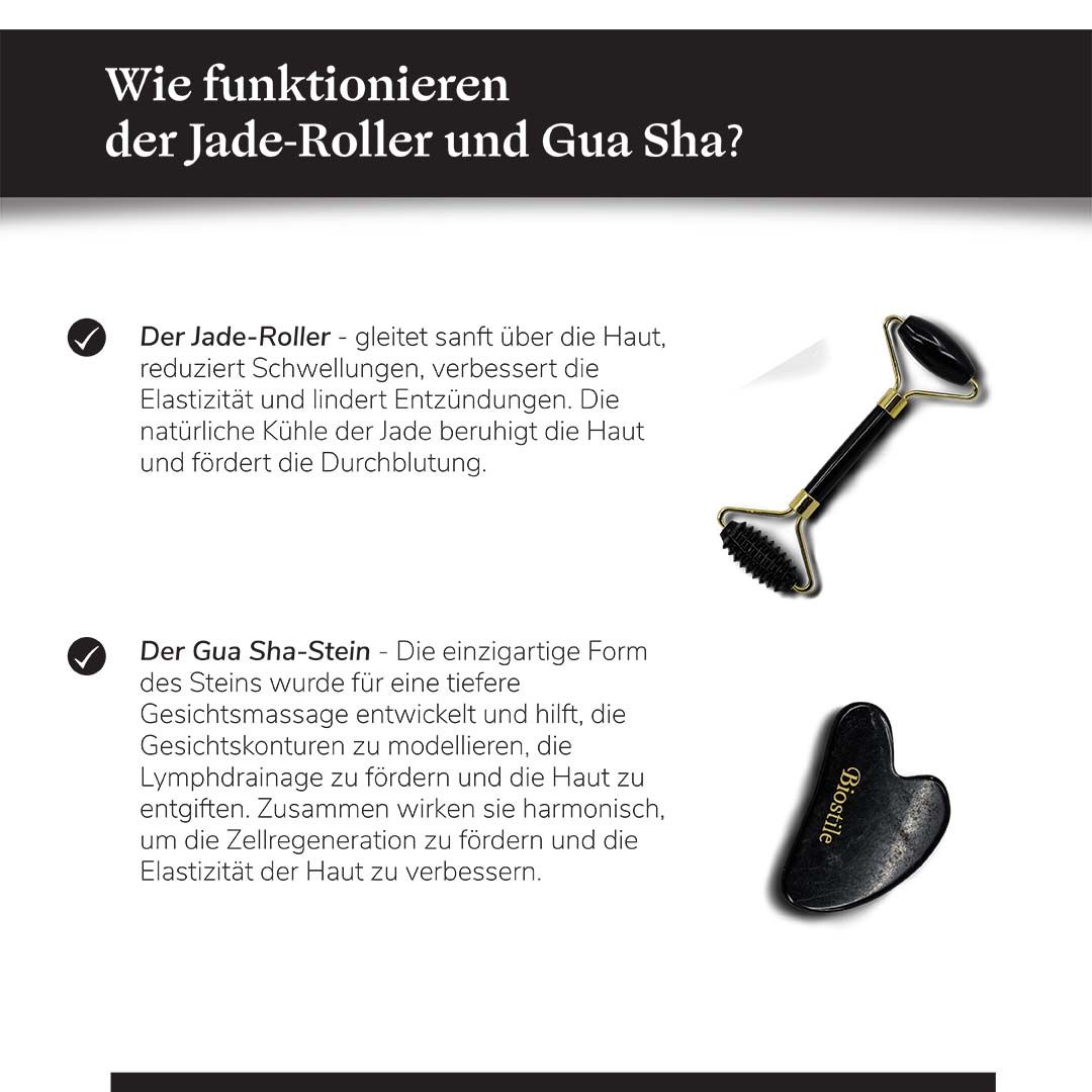 Jade-Roller und Gua Sha Stein mit Textbeschreibung ihrer Funktionen.