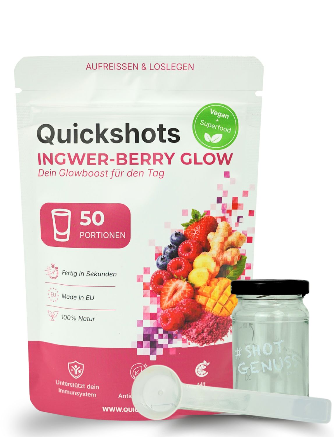 Quickshots Ingwer-Berry Glow Pulver in Beutel, 50 Portionen. Mit Messlöffel und Glas.