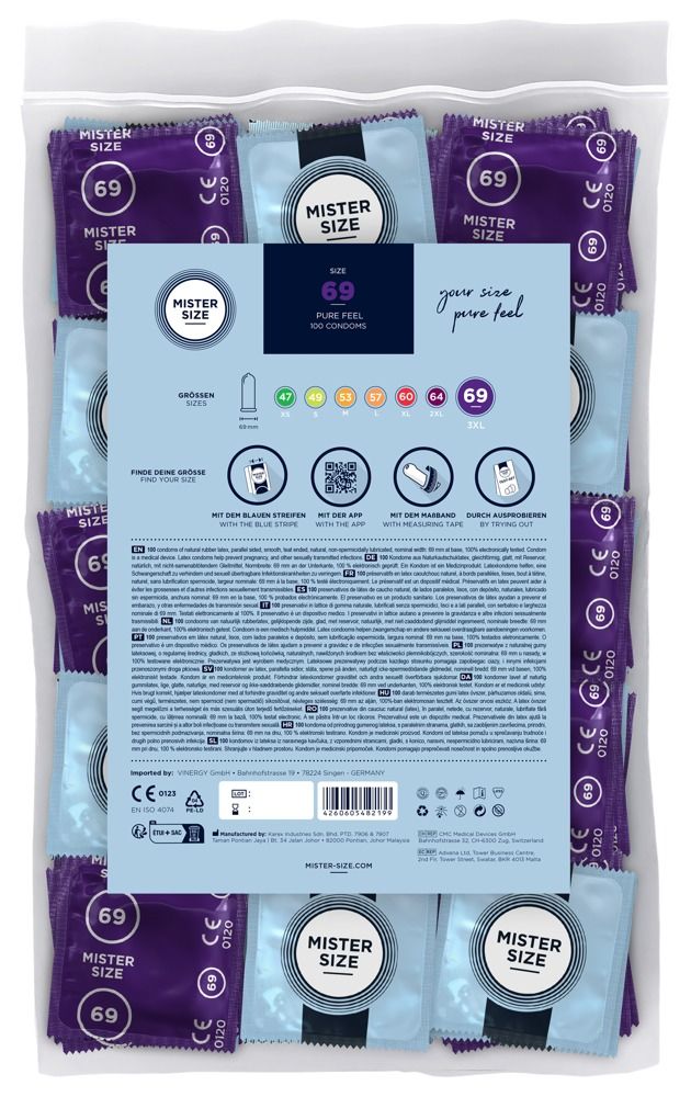 Kondome in Folienverpackung in transparenter Tüte. Aufdruck: Mister Size, 69. Rückseite mit Produktinformationen.