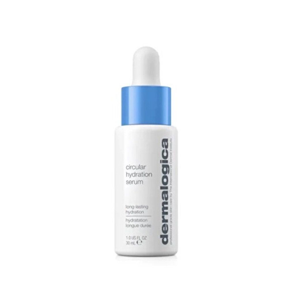 Weiße Flasche mit blauem Deckel und Pipette. Beschriftung: Circular Hydration Serum, Dermalogica. 30 ml.