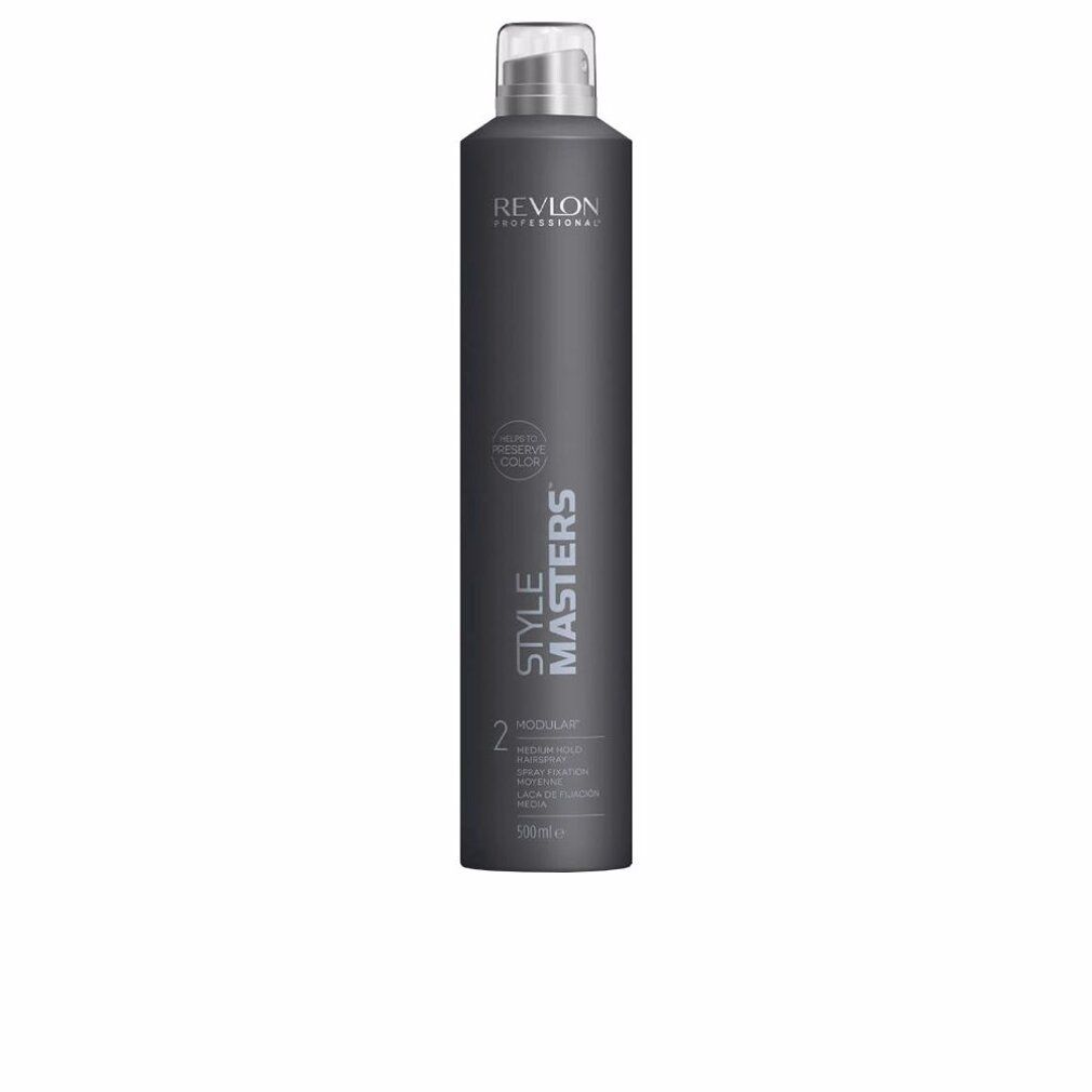 Graue Sprühflasche mit weißem Deckel. Aufschrift: Revlon Professional, Style Masters, Modular, Medium Hold, 500ml.