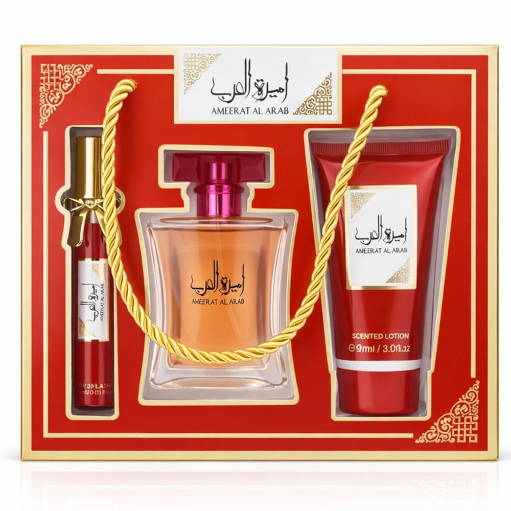 Geschenkset mit Flakon, Lotion und Spray. Roter Karton mit goldener Kordel. Text: Ameerat Al Arab.
