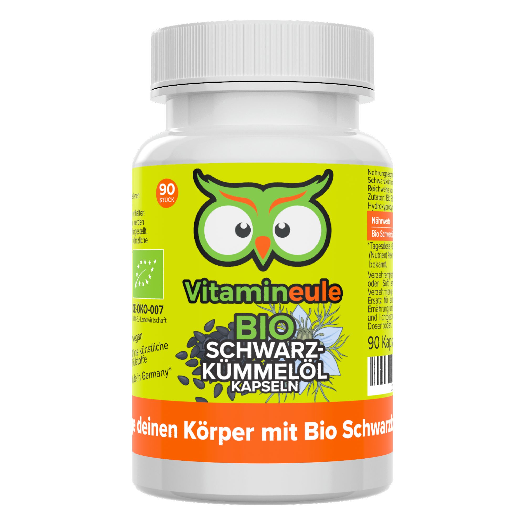 Flasche mit 90 Bio Schwarzkümmelöl Kapseln von Vitamineule, 54g.