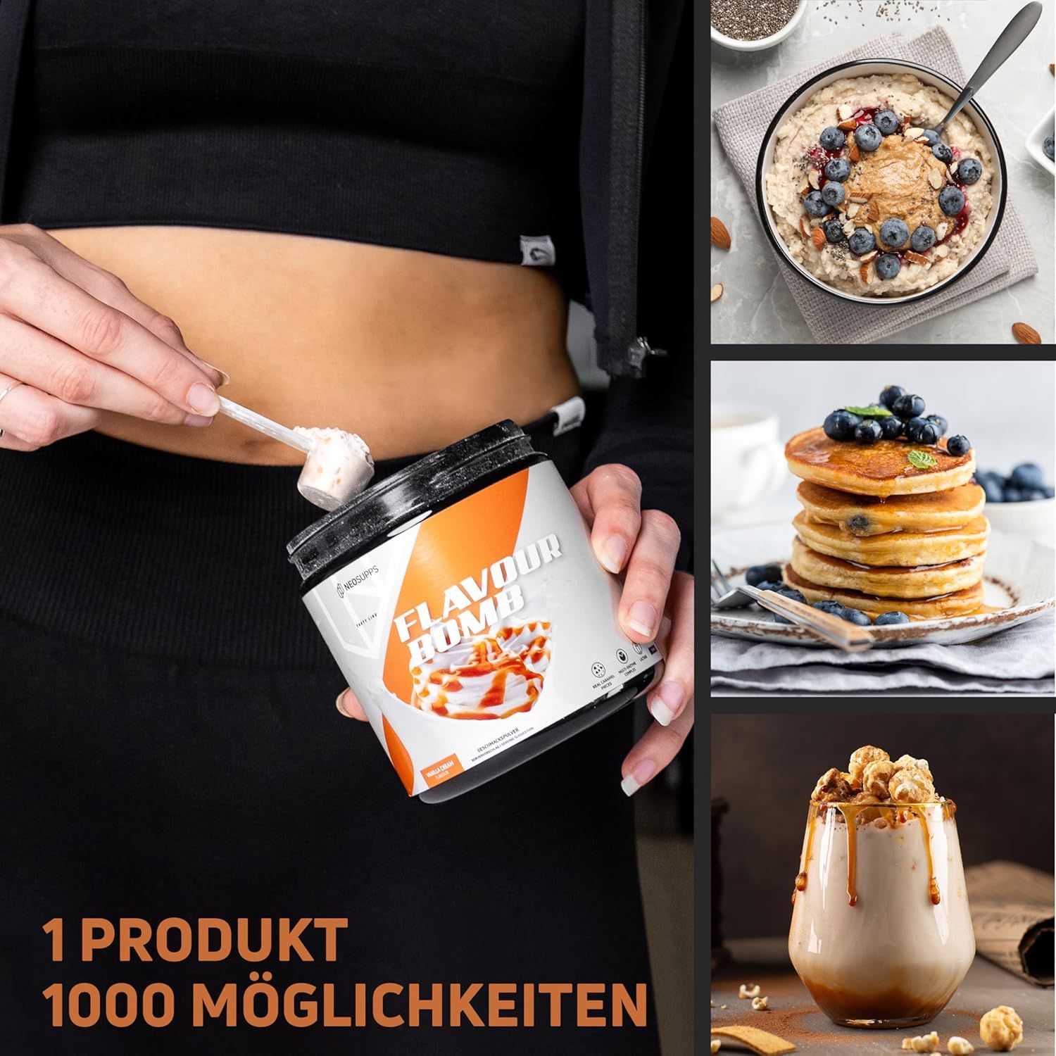 Person hält Löffel mit Pulver über Dose Flavour Bomb. Bilder von Speisen. Text: 1 Produkt, 1000 Möglichkeiten.