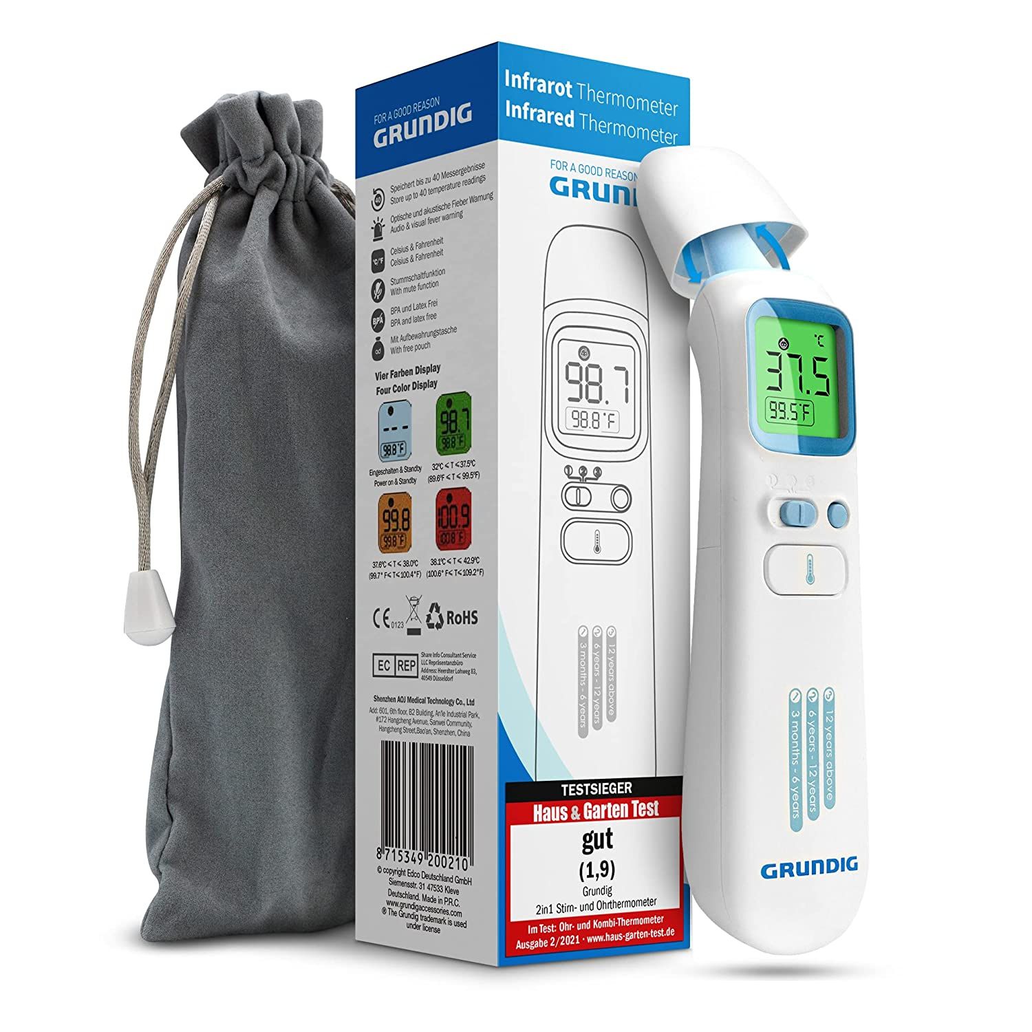 Infrarot-Thermometer mit Verpackung, Aufbewahrungstasche. Digitalanzeige mit Temperatur. Marke: Grundig.