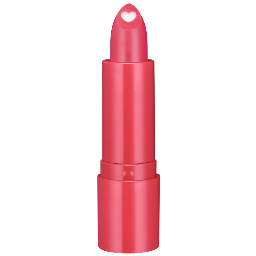 Lippenbalsam mit herzförmiger Spitze. Rosa Lippenstift in rosa Hülse. Spitze mit Herzform.
