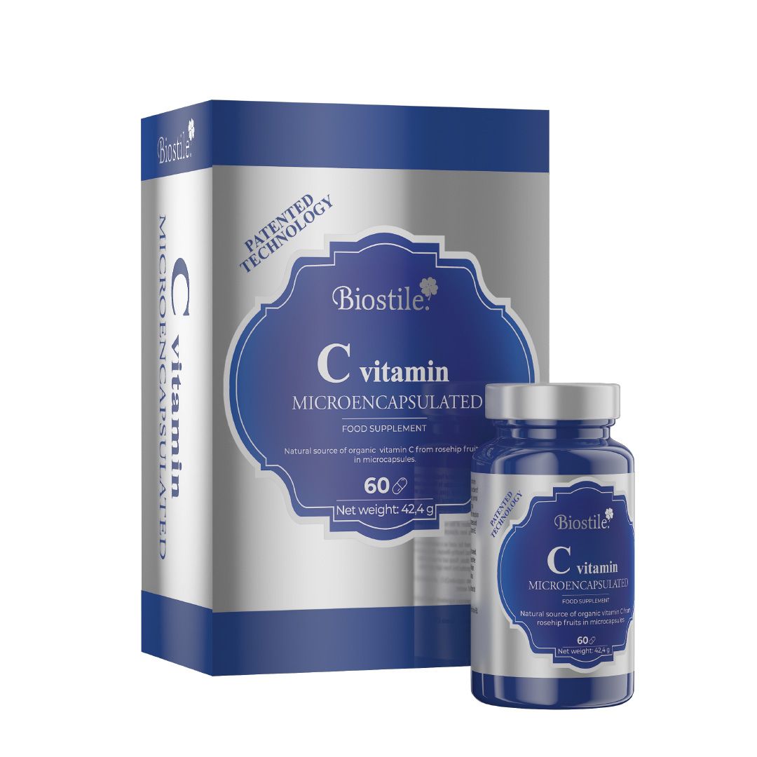 Biostile C Vitamin Mikroverkapselt: Kartonverpackung und Fläschchen mit 60 Kapseln.
