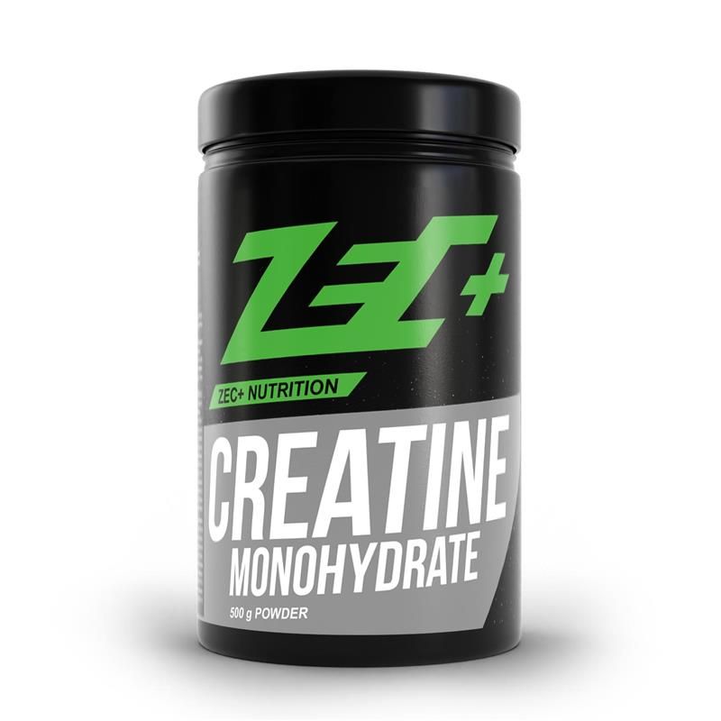 Schwarze Dose mit grünem Logo und Schriftzug "ZEC+ CREATINE MONOHYDRATE". Graues Feld mit "500 g Powder".