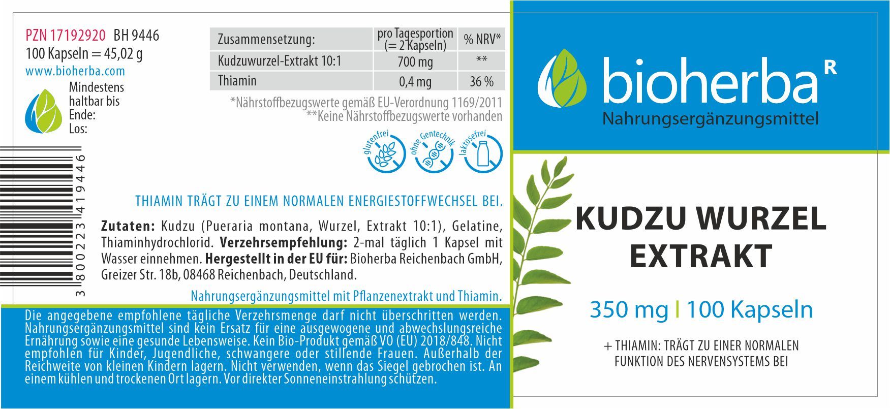 Etikett mit Produktinformationen. "Bioherba"-Logo. "Kudzu Wurzel Extrakt"-Aufschrift. 100 Kapseln. Inhaltsstoffe und Nährwertangaben.