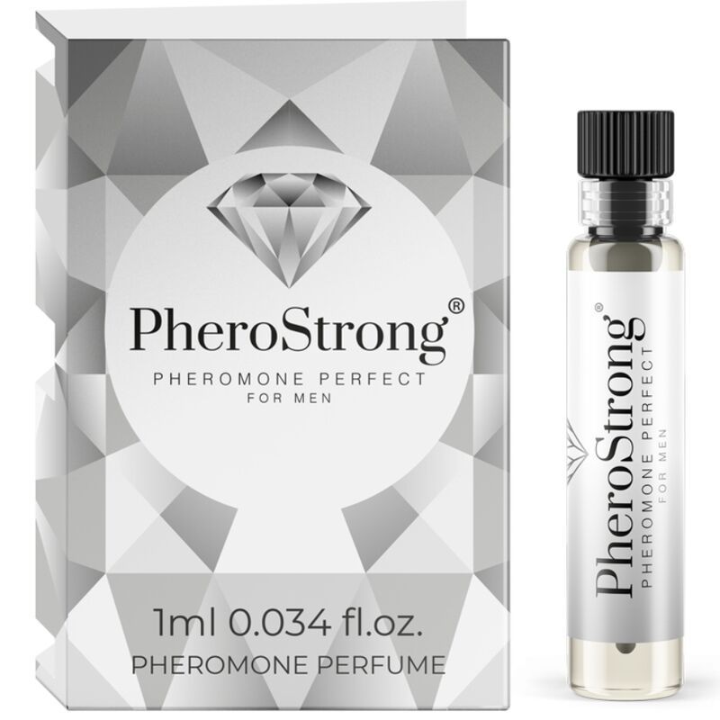 PheroStrong Pheromon-Parfum für Männer, 1ml Fläschchen und Verpackung mit Diamant-Design.