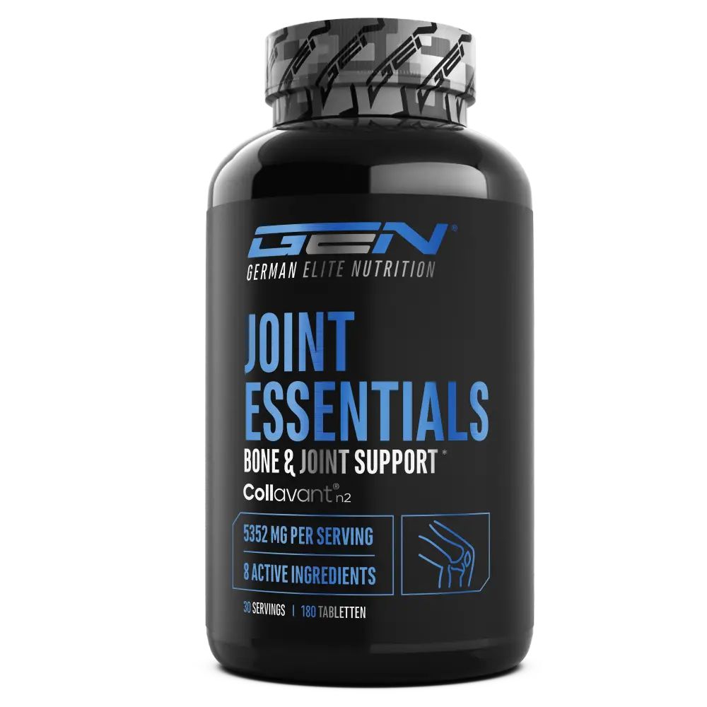 Schwarze Flasche mit GEN Joint Essentials. Aufschrift: Bone & Joint Support, 5352 mg pro Portion, 8 Wirkstoffe.