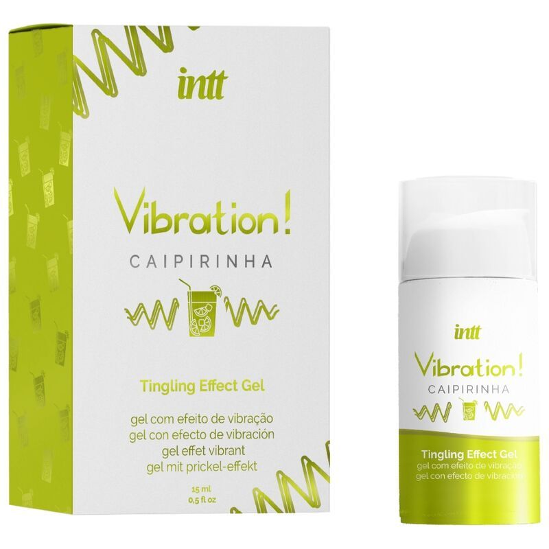Produktverpackung und Gel-Flasche. Aufschrift: INTT Vibration! Caipirinha, Tingling Effect Gel. Grün-weißes Design.