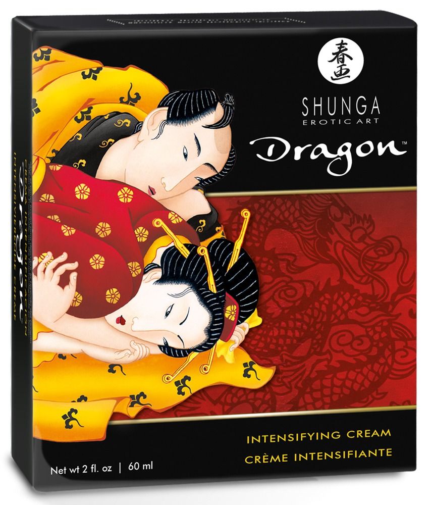 Schwarze Verpackung. Aufschrift: Shunga Dragon. Intensivierende Creme. 60 ml. Abbildung von Liebenden.