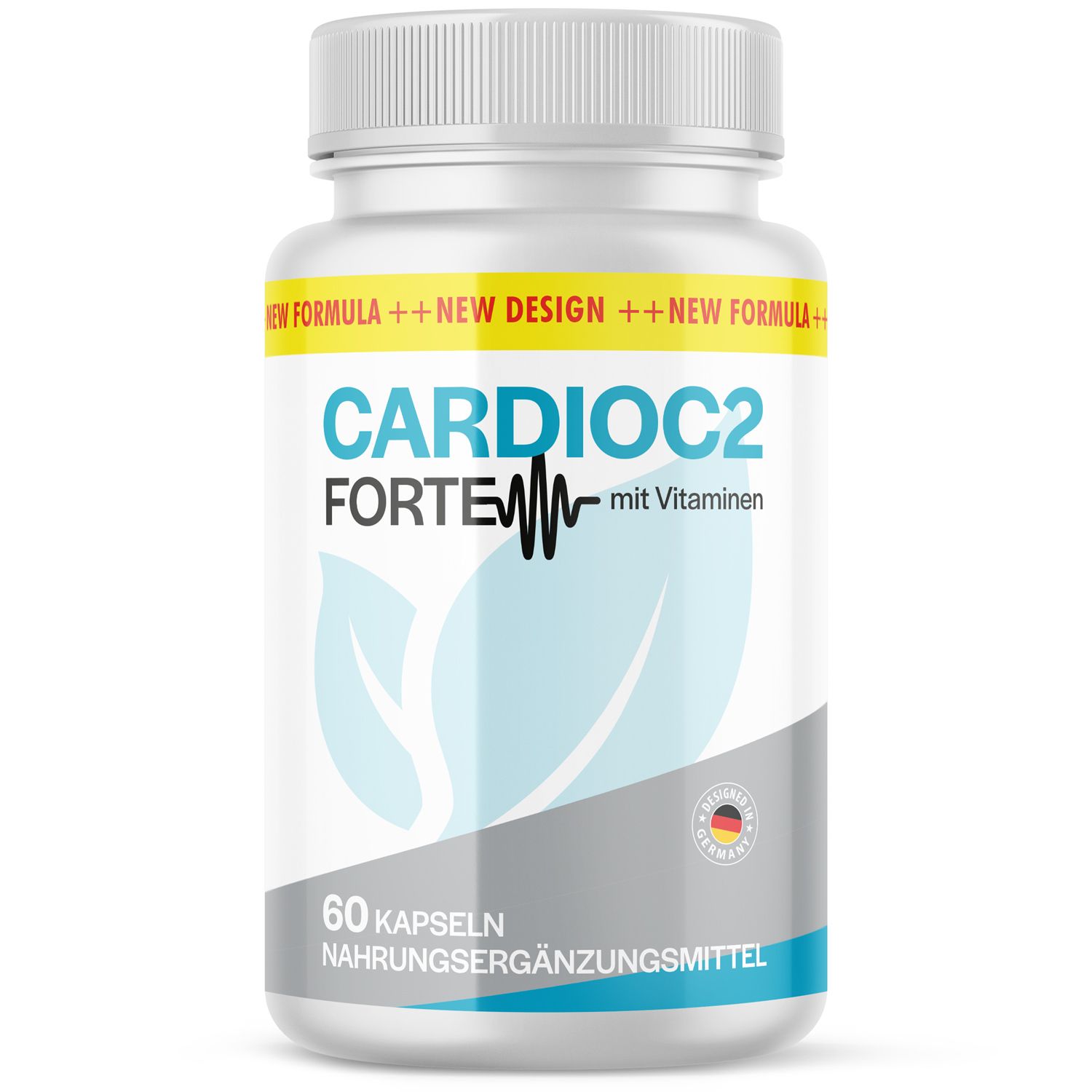 Weiße Flasche mit gelbem Etikett. Aufschrift: CardioC2 Forte mit Vitaminen. 60 Kapseln. Nahrungsergänzungsmittel. Hergestellt in Deutschland.