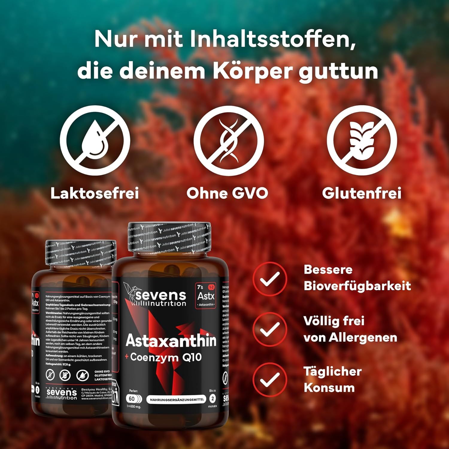 Zwei Dosen Astaxanthin + Coenzym Q10. Symbole für laktosefrei, ohne GVO, glutenfrei.