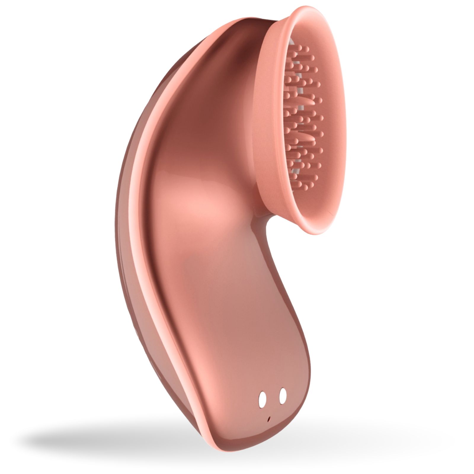 Rosa Sauger-Vibrator, Seitenansicht. Tropfenform mit strukturiertem Kopf und zwei Knöpfen. Weißer Hintergrund.