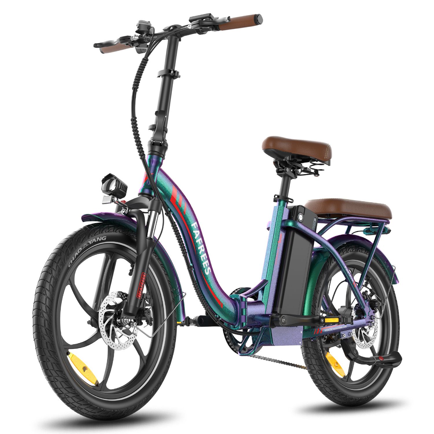 Faltbares E-Bike, blau-grün, brauner Sattel und Gepäckträger. Schwarze Reifen, Felgen und Akku. Marke FAFREES.