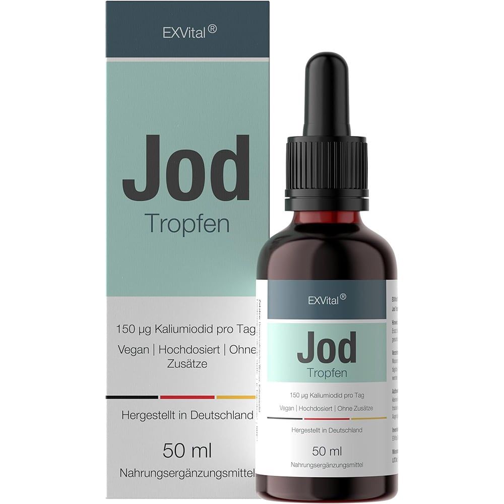 Produkt: Jod Tropfen, Flasche und Verpackung. Text: 150 ug Kaliumiodid pro Tag, vegan, hochdosiert, ohne Zusätze. 50 ml. ExVital.