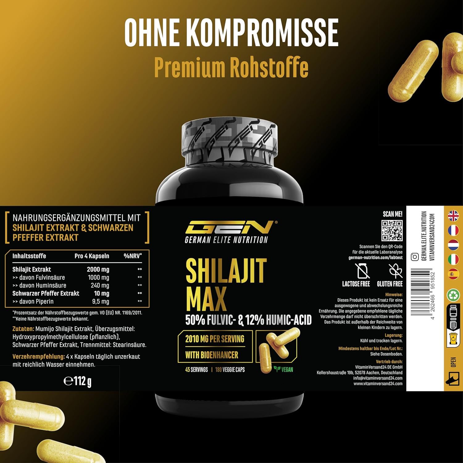 GEN Shilajit Max Dose mit Nährwertangaben, Inhaltsstoffen und Siegeln.