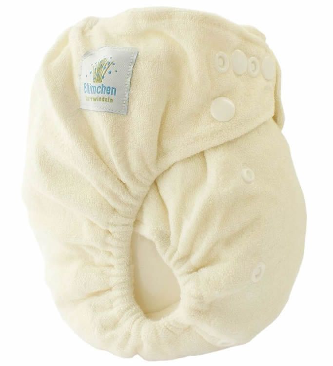 Windel aus Bambusstoff mit Druckknöpfen. Label mit Logo. Cremefarbener Stoff. Elastische Beinbündchen.