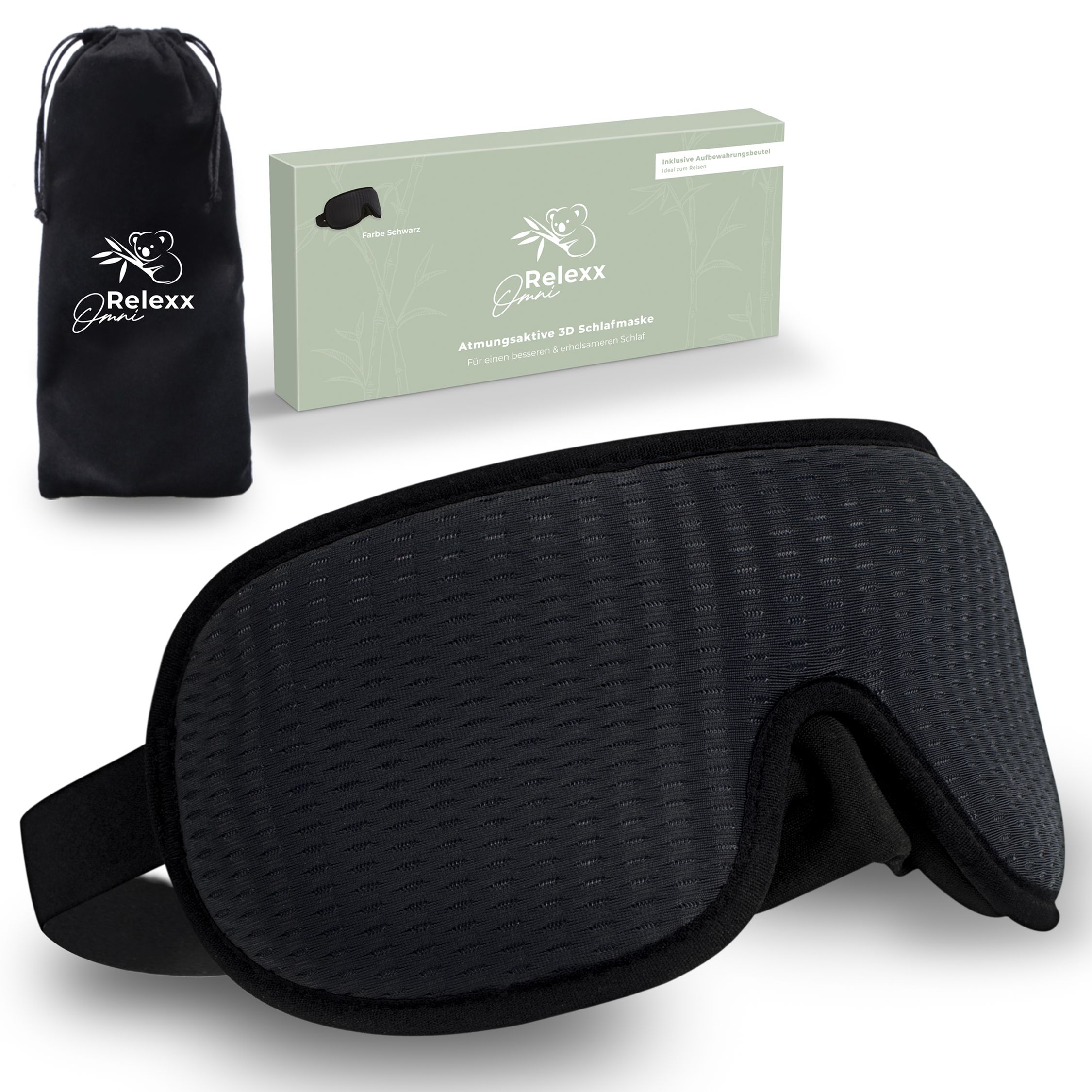 Schlafmaske, schwarz, mit Reisebeutel und Verpackung. Marke Relexx Omni.